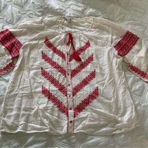 Lucky Brand Tan Cream Blouse Top w/Red Embroidery XL